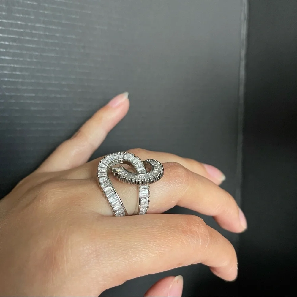 Intertwined adjustable silver tone chunky statement cz size 5-8 ring